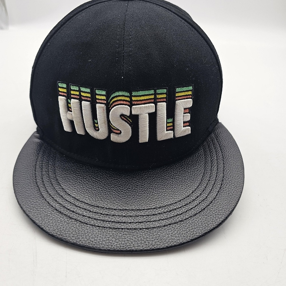 Hustle Hat‎ Cap Snap Back Mens One Size Black Faux Leather Flatbill Quote